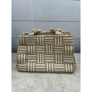 Vintage Handbag White & Brown‎ Straw Woven Purse Rope Handles Made In Italy